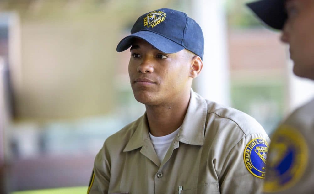 Student officer Jefferson De La Cruz at a police academy training session in Haverhill. (Robin Lubbock/WBUR)