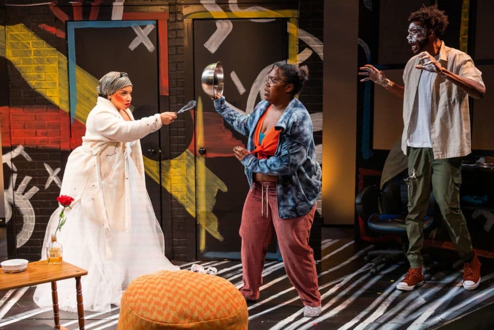 Thomika Marie Bridwell, Shanelle Chloe Villegas and Sharmarke Yusuf in SpeakEasy Stage’s production of "BLKS." (Courtesy Nile Scott Studios)