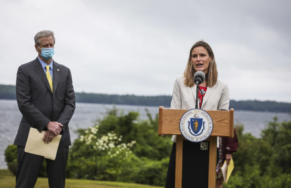 Energy and Environmental Affairs Secretary Kathleen Theoharides speaks during a press conference at Assawompsett Pond in Middleborough in 2020. Theoharides is heading to the COP26 climate conference in Glasgow this weekend. (Erin Clark/The Boston Globe via Getty Images)