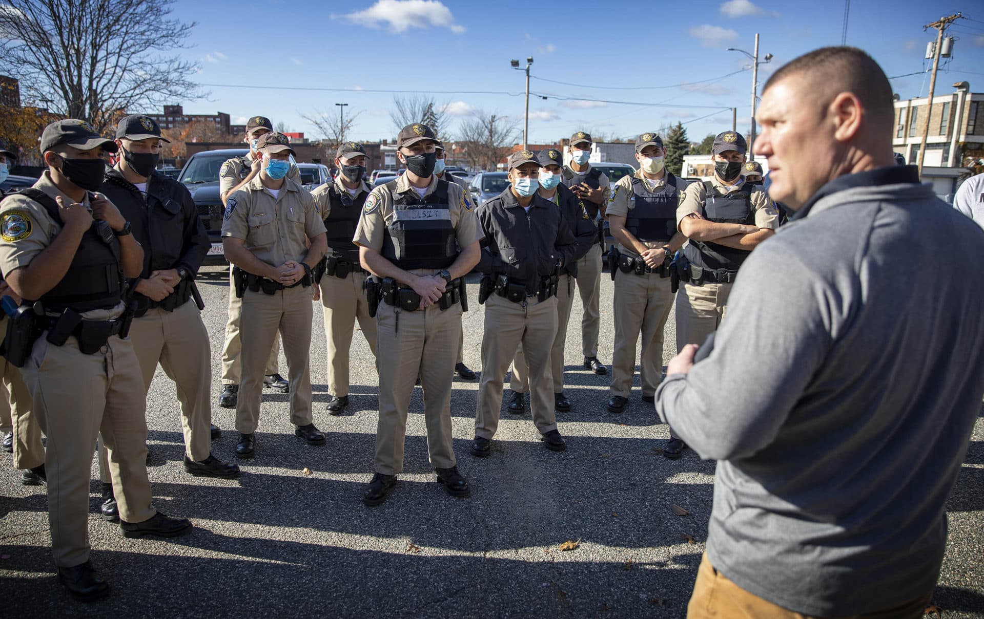 Northern Essex Community College police academy director Joshua Stokel talks to student officers. (Robin Lubbock/WBUR)