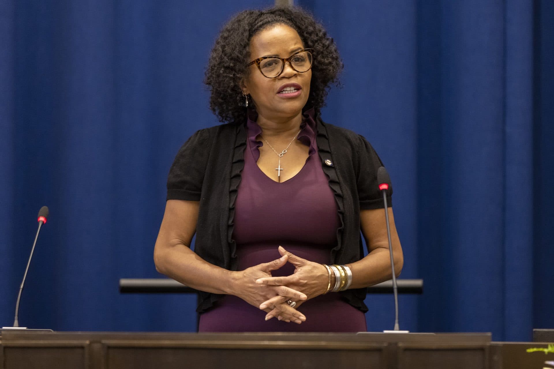 Kim Janey speaks ahead of Michelle Wu's inauguration. (Jesse Costa/WBUR)