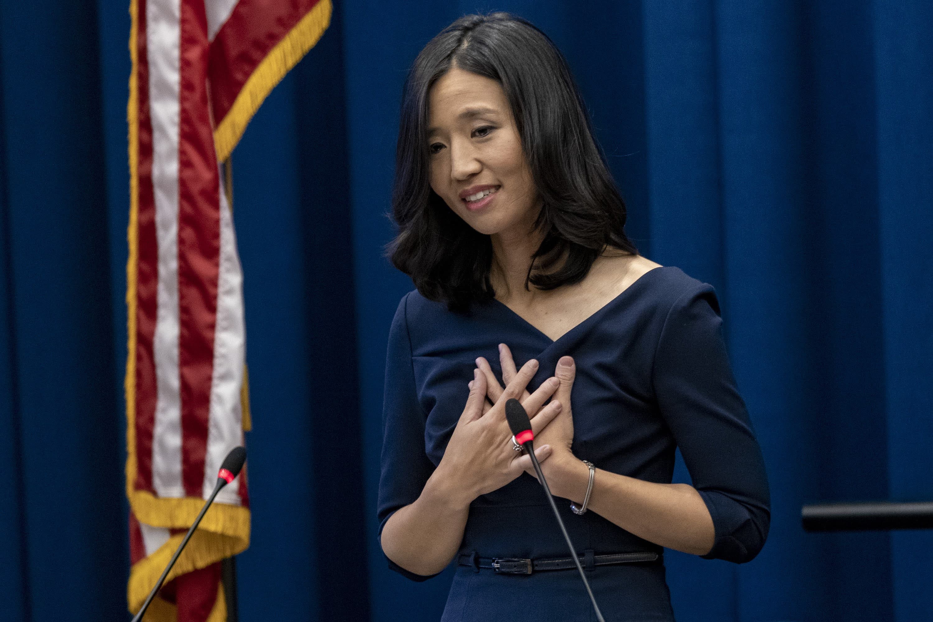 Newly sworn Mayor Michelle Wu addresses the crowd during her inauguration in Boston City Hall (Jesse Costa/WBUR)