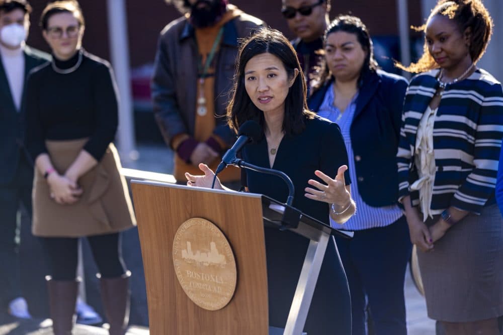 Mayor Michelle Wu addresses news media at Ashmont Station announcing plans toward an expansion of fare-free bus service in Boston on the 23, 28, and 29 bus routes for a two-year period. (Jesse Costa/WBUR)