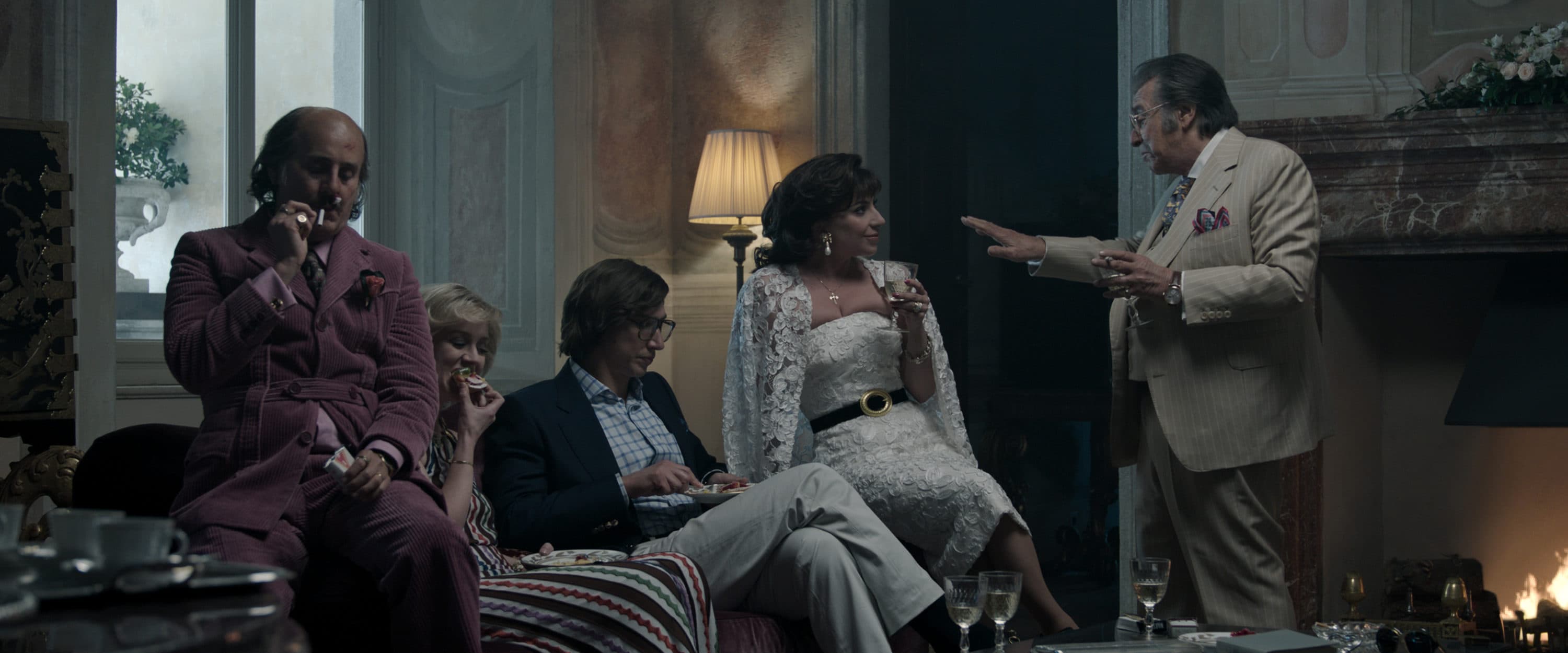 Left to right: Jared Leto as Paolo Gucci, Florence Andrews as Jenny Gucci, Adam Driver as Maurizio Gucci, Lady Gaga as Patrizia Reggiani and Al Pacino as Aldo Gucci in Ridley Scott’s "House of Gucci." (Courtesy Metro Goldwyn Mayer Pictures Inc.)