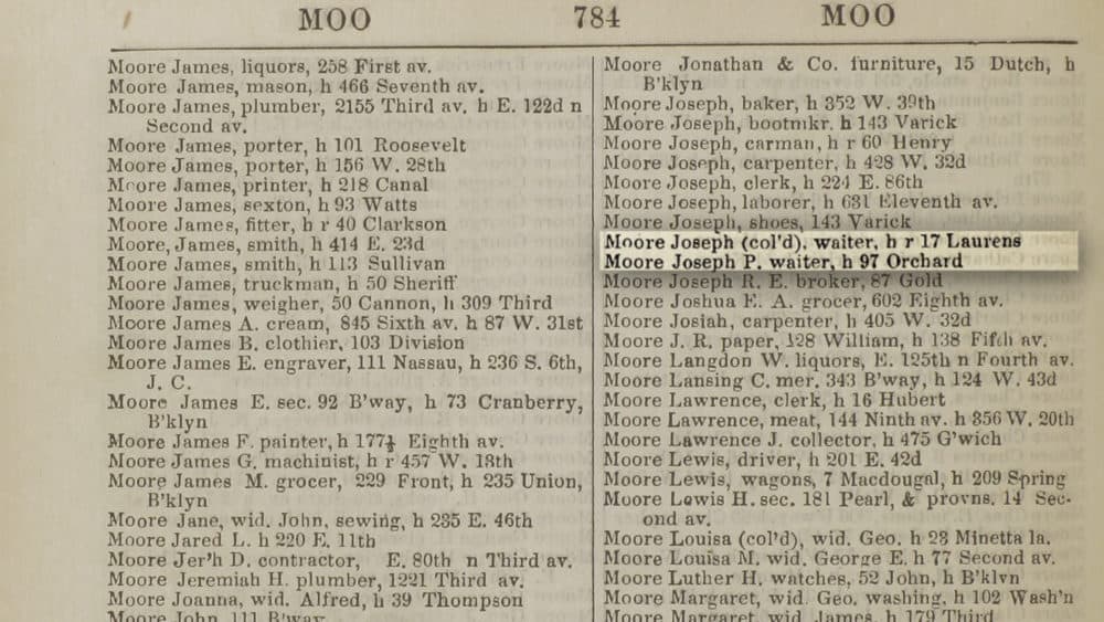 A 1869 city directory that lists both Joseph Moores and designated one as "col'd," which means Black. (Courtesy of the Tenement Museum)