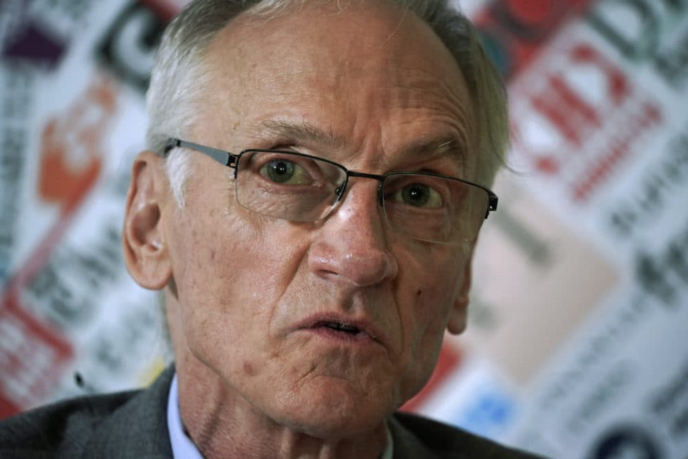 In this Feb. 17, 2020 photograph, Phil Saviano, of BishopAccountability.org, talks to the media during a press conference at the Foreign Press association headquarters, on the occasion of the first anniversary of Pope Francis' summit on clergy abuse, in Rome. (Andrew Medichini/AP)