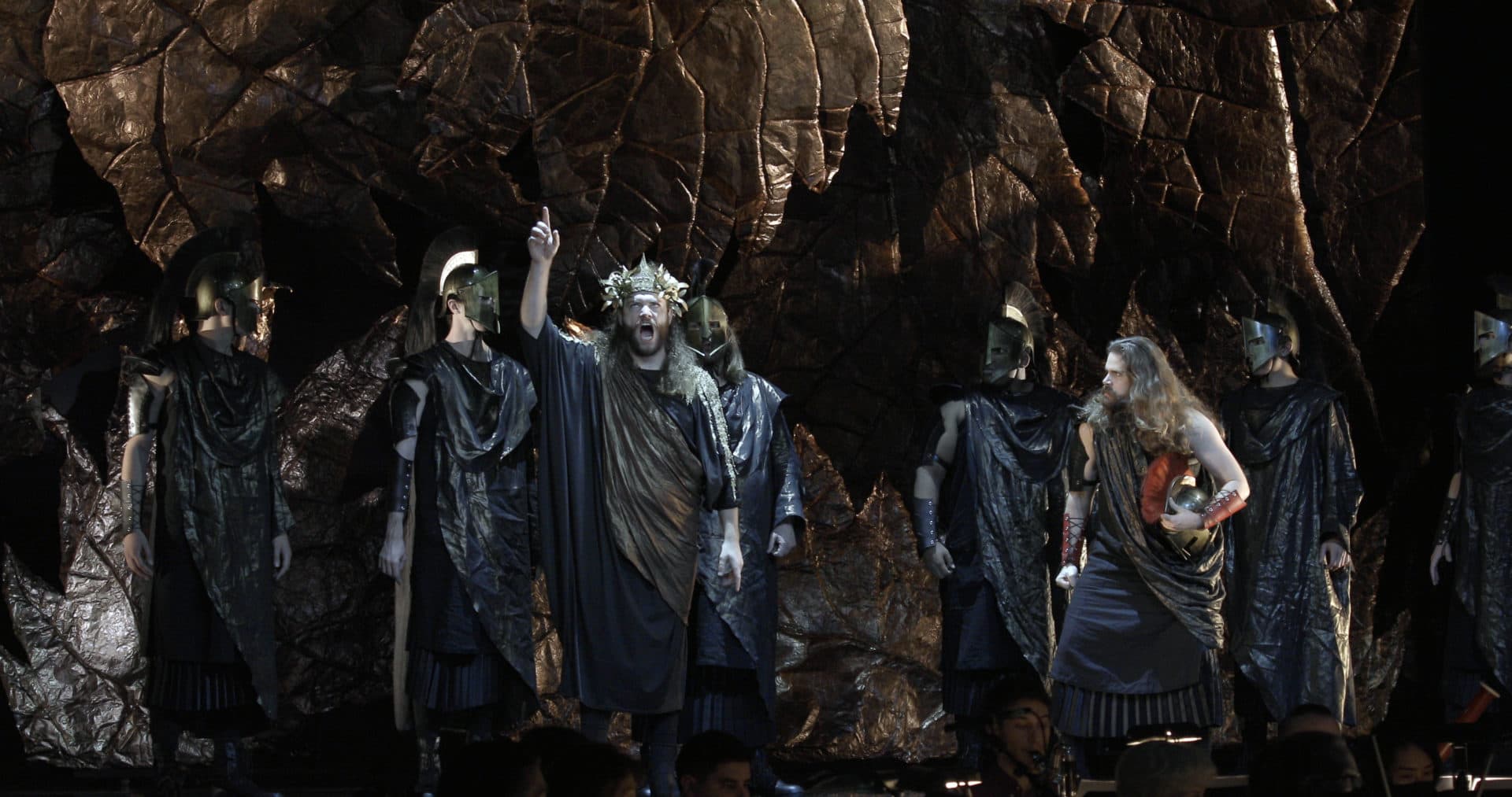 King Agamemnon and Menelaos in a scene from "... (Iphigenia)" during a production preview at MASS MoCA. (Courtesy Jon Fine)