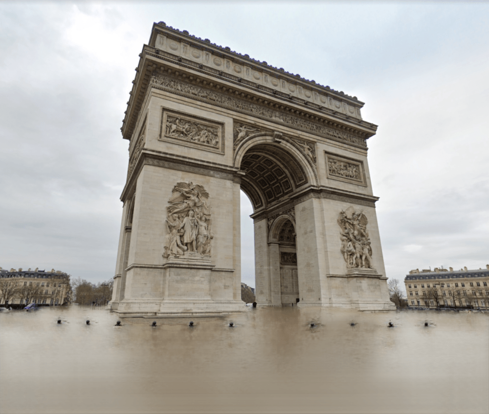 A visualization of the Arc de Triomphe in Paris under water. (Courtesy)