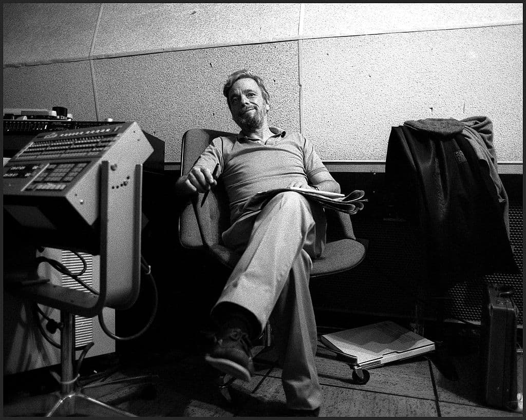 Stephen Sondheim, songwriter/lyricist, listening to music in the recording control room during the original cast recording of the Broadway musical "Into The Woods", New York, 1987. (Oliver Morris/Getty Images)