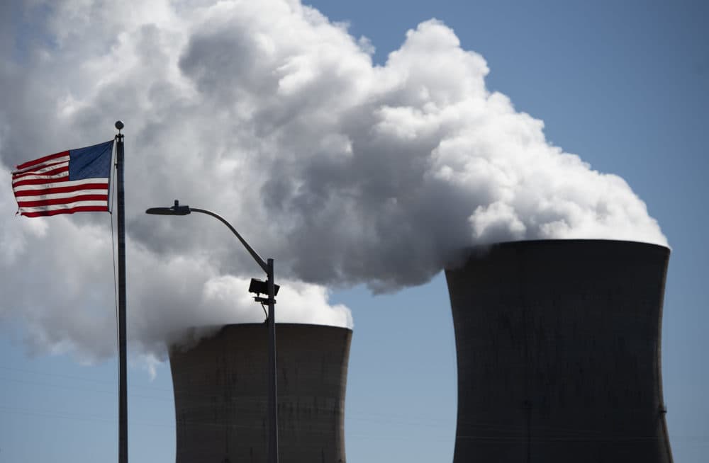 Steam rises out of the nuclear plant on Three Mile Island, with the operational plant run by Exelon Generation, in Middletown, Pennsylvania on March 26, 2019. (Andrew  Caballero-Reynolds/AFP via Getty Images)
