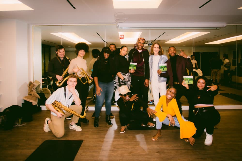 Shane Dylan with artists featured on his album at their release concert. (Courtesy Kristopher Carter)
