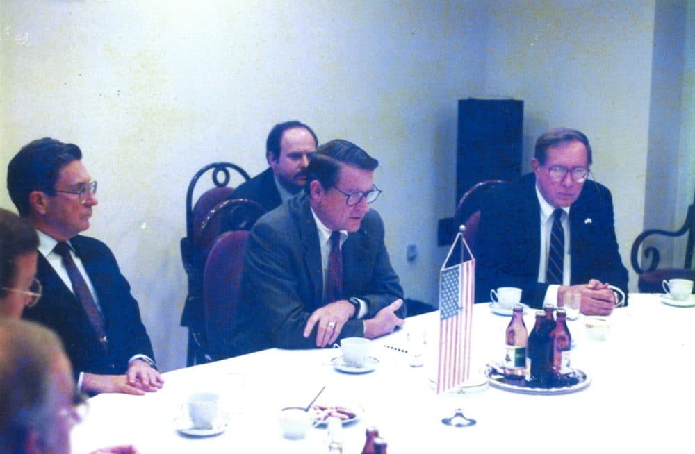 Judge William Webster, CIA director, on the first trip of a CIA director to Eastern Europe in November of 1990, after the exfiltration operation.
William Webster is in the center of the picture. (Courtesy)