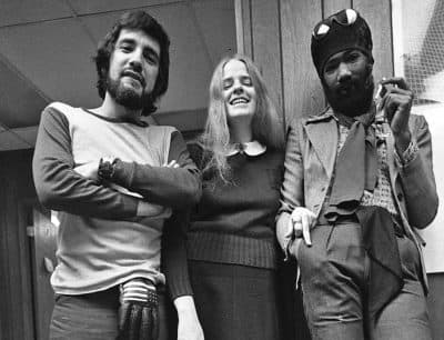 WBCN announcers Charles Laquidara and Maxanne with Charles 'Master Blaster' Daniels, master of ceremonies at the rock club Boson Tea Party.  (Peter Simon)