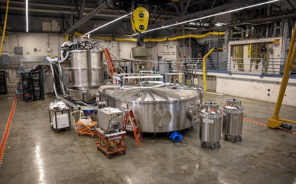 Commonwealth Fusion Systems' magnet test container and support systems, at MIT. (Robin Lubbock/WBUR)