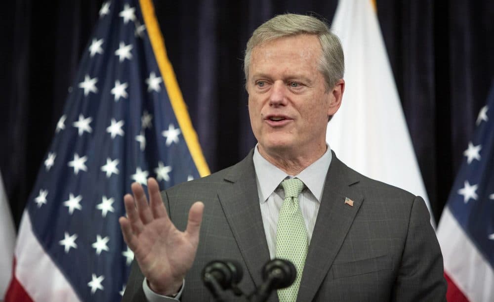 Mass. Gov. Charlie Baker speaks at a press conference at the State House after announcing the he will not seek a third term. (Robin Lubbock/WBUR)