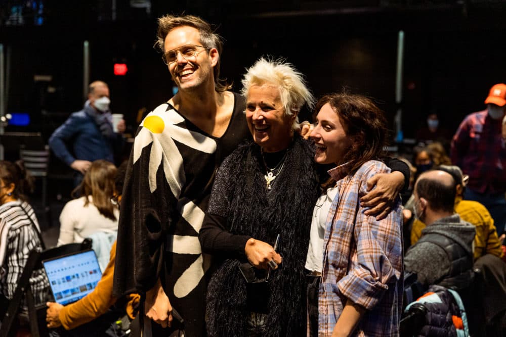 Creative team members Justin Tranter, V (formerly Eve Ensler) and Caroline Pennell in rehearsal for "WILD: A Musical Becoming." (Courtesy Maggie Hall)
