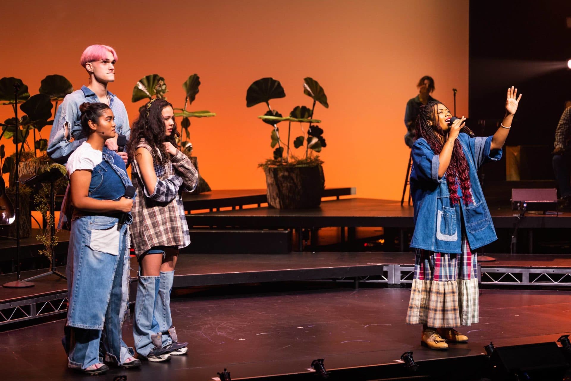 Left to right, Paravi Das as Forte, Luke Ferrari as Possible, YDE as Sophia and Brittany Campbell as Oak in A.R.T.'s "WILD: A Musical Becoming." (Courtesy Maggie Hall/Nile Scott Studios)