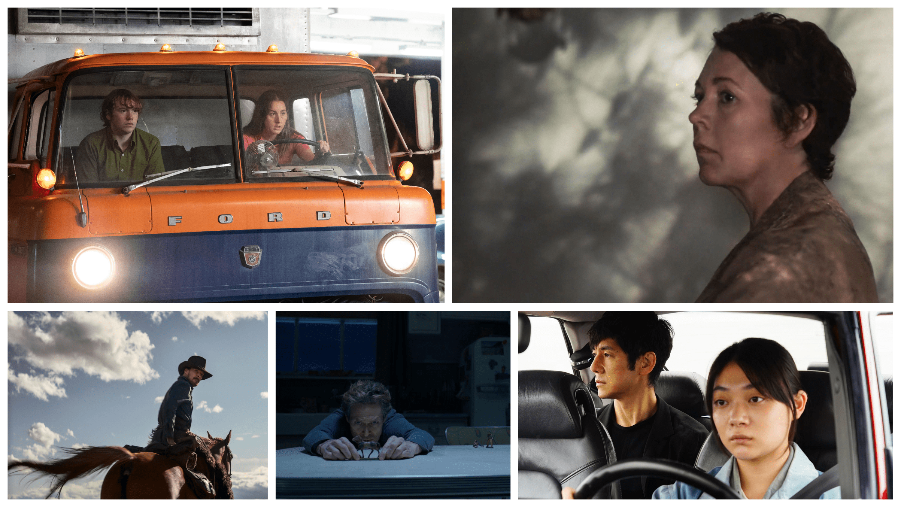 Clockwise from top left: "Licorice Pizza" (Courtesy Melinda Sue Gordon/Metro-Goldwyn-Mayer Pictures Inc.); "The Lost Daughter" (Courtesy Yannis Drakoulidis/Netflix); "Drive My Car" (Courtesy Janus Films); "Siberia" (Courtesy Lionsgate); "The Power of the Dog" (Courtesy Netflix).