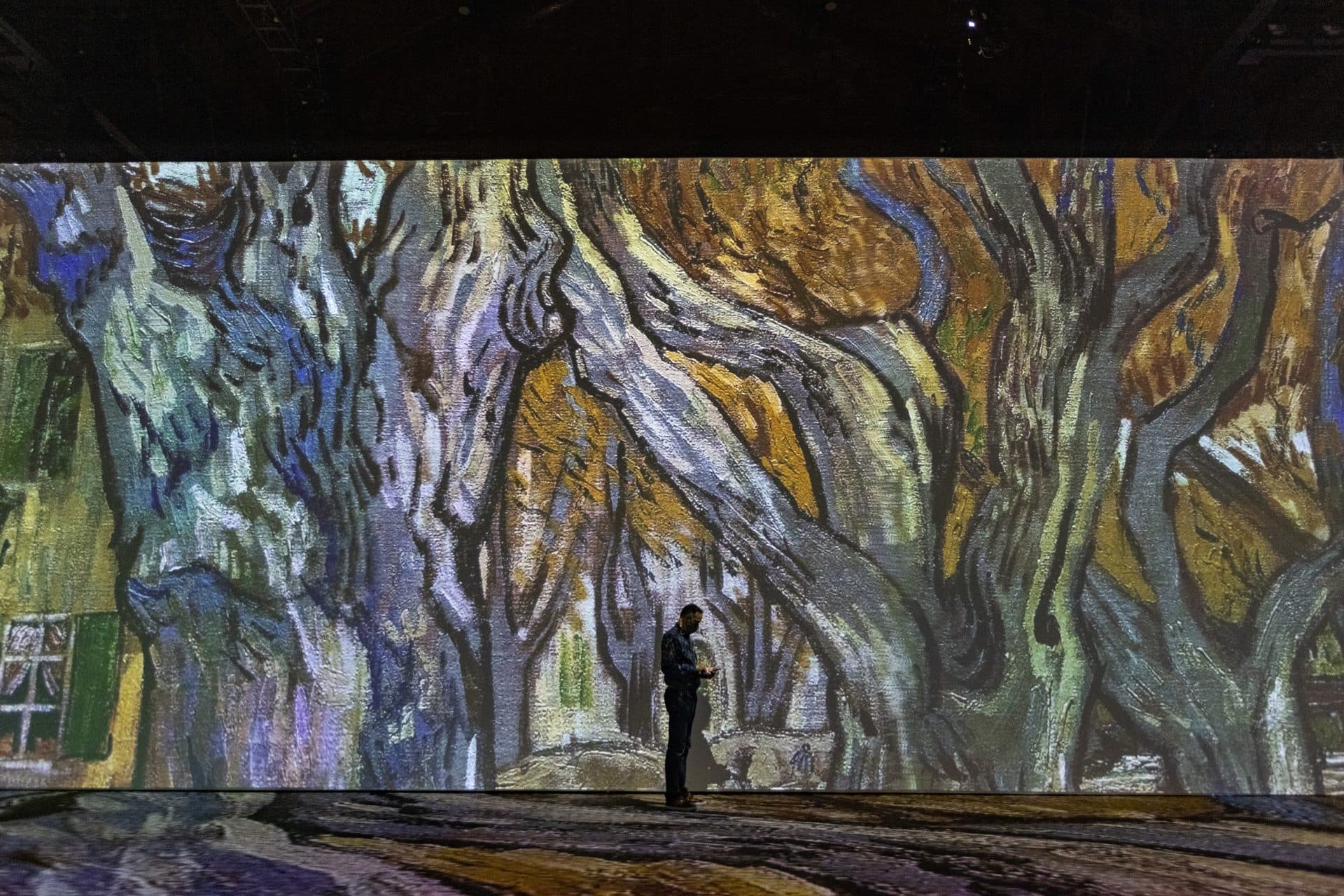 Vincent van Gogh’s “The Road Menders” is projected onto the walls and floor during a press preview of “Imagine Van Gogh” at the SoWa Power Station in the South End. (Jesse Costa/WBUR)