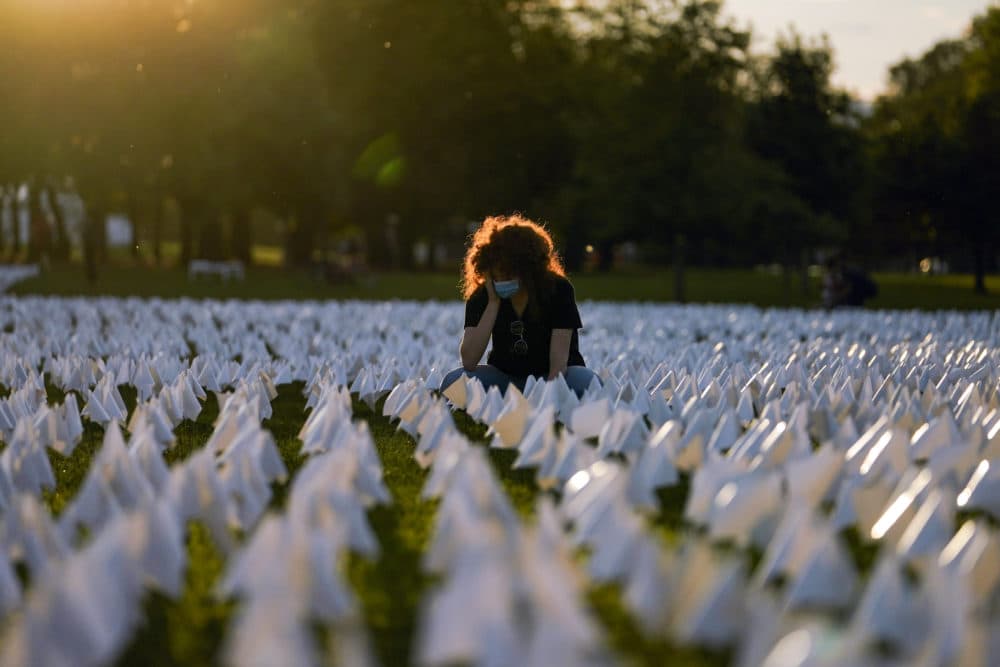 Zoe Nassimoff, of Argentina, looks at white flags that are part of artist Suzanne Brennan Firstenberg's temporary art installation, "In America: Remember," in remembrance of Americans who have died of COVID-19, on the National Mall in Washington. Nassimoff's grandparent who lived in Florida died from COVID-19. (Brynn Anderson/AP)