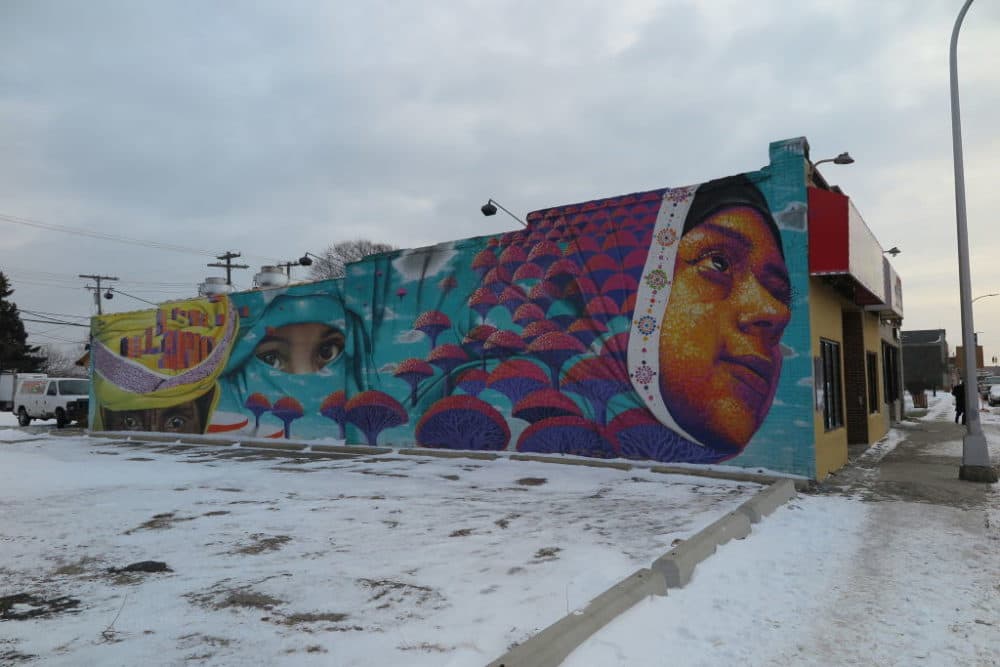 A portrait of a Yemeni woman by Chilean artist Dasic Fernandez can be seen on the wall of a building in Hamtramck, Michigan, in 2016. (Frank Fuhrig/picture alliance via Getty Images)