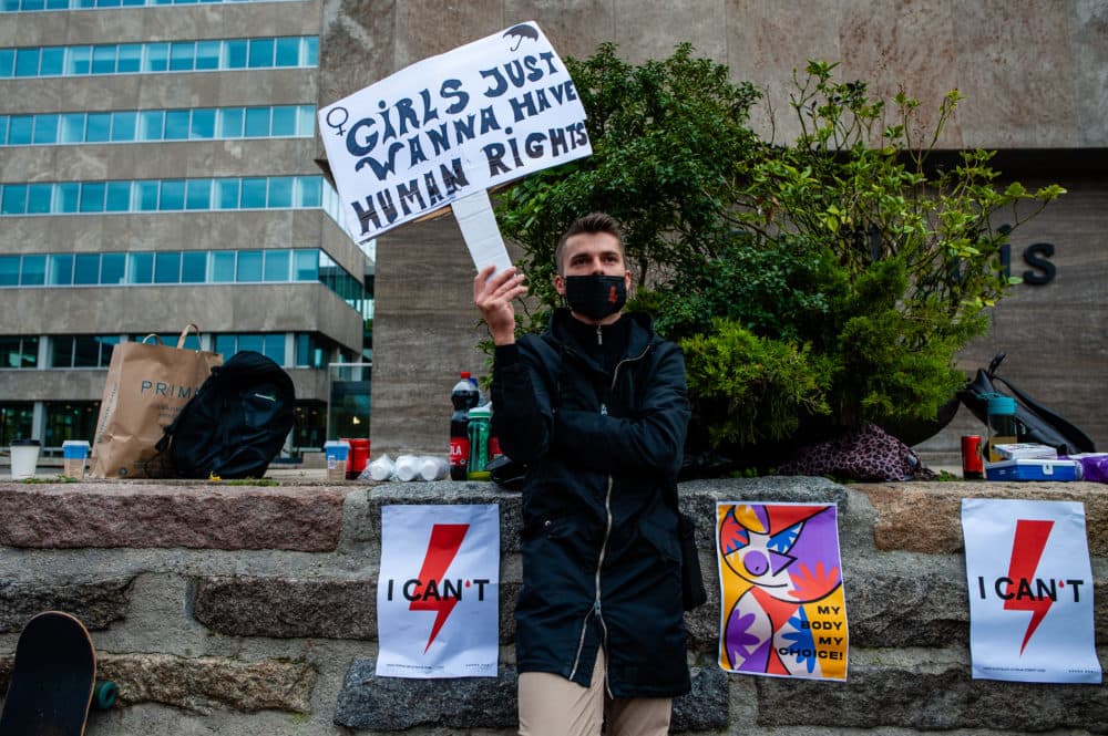 A man is holding a placard in support of Polish women in Eindhoven, Netherlands, on Nov. 8, 2020. (Romy Arroyo Fernandez/NurPhoto via Getty Images)