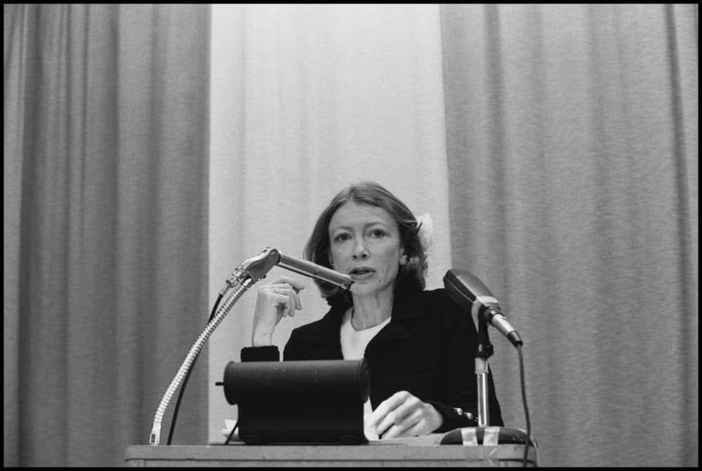 Joan Didion chronicled what was being lost, writes Julie Wittes Schlack, even while acknowledging that she was grieving for something that may not ever have existed. The author died Thursday at the age of 87. In this photo, Didion speaks at the College of Marin, Kentfield, California, February 1977. (Janet Fries/Getty Images)