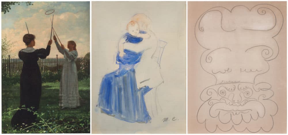 Winslow Homer's "Grace Hoops" (1872); Mary Cassatt's "Mother and Child" (undated); Pablo Picasso's "Head" (undated). (Courtesy Boston College)
