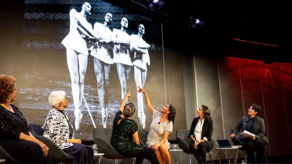 The 152nd Street Black Ballet Legacy, from left: Karlya Shelton-Benjamin, Gayle McKinney-Griffith, Sheila Rohan, Lydia Abarca-Mitchell appeared at CitySpace with Misty Copeland in a historic conversation moderated by WBUR senior arts and culture reporter Cristela Guerra. (Liz Linder for WBUR)