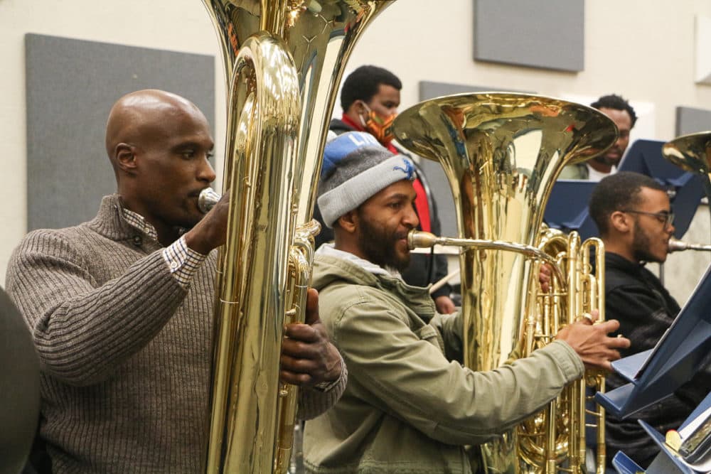 The Nashville African American Wind Symphony rehearses inside a band room on Tennessee State University’s campus. (Paige Pfleger/WPLN News)