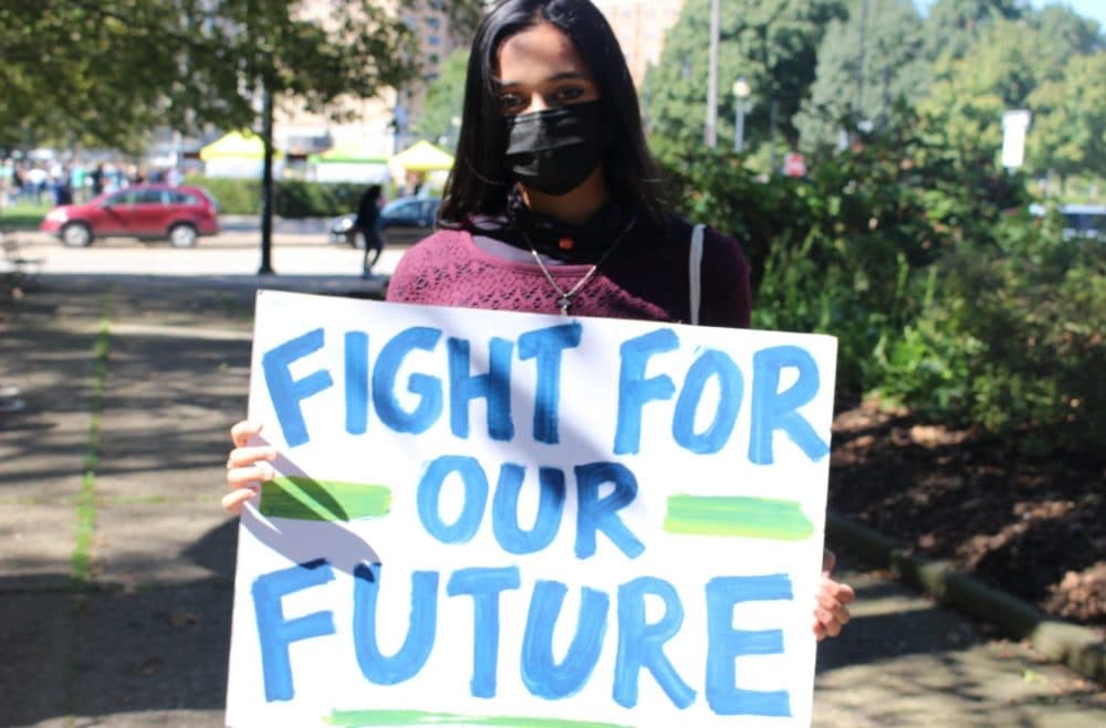 Mahitha Ramachandran at the climate strike on Sept. 24, 2021 in Pittsburgh. (Julie Grant/The Allegheny Front)