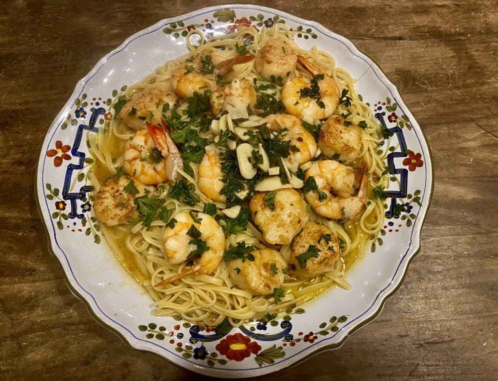 Holiday garlic shrimp and scallop linguine (Kathy Gunst/Here & Now)