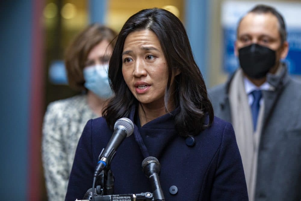 Boston Mayor Michelle Wu meets with the news media after touring Tufts Medical Center on Jan. 5. (Jesse Costa/WBUR)