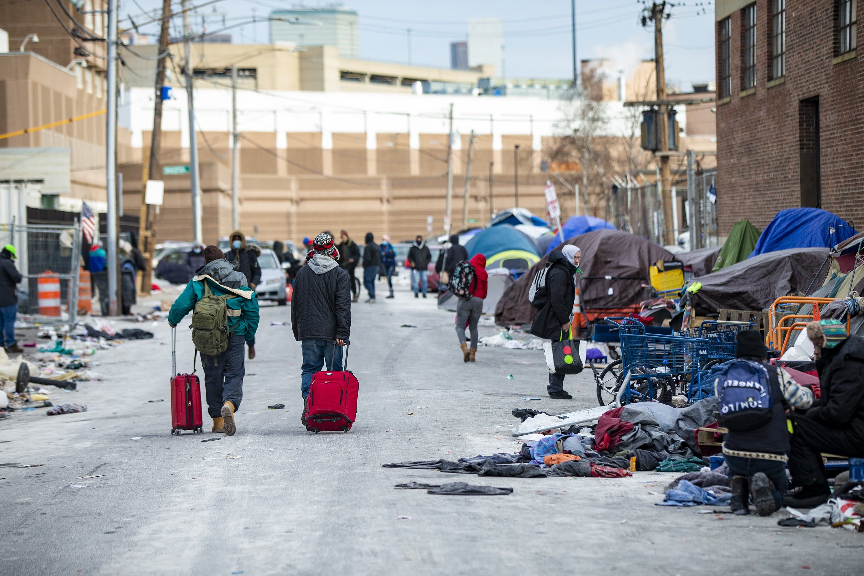 The tent encampment on Atkinson Street, outside of the Southampton Street Shelter at "Mass. and Cass." (Jesse Costa/WBUR)