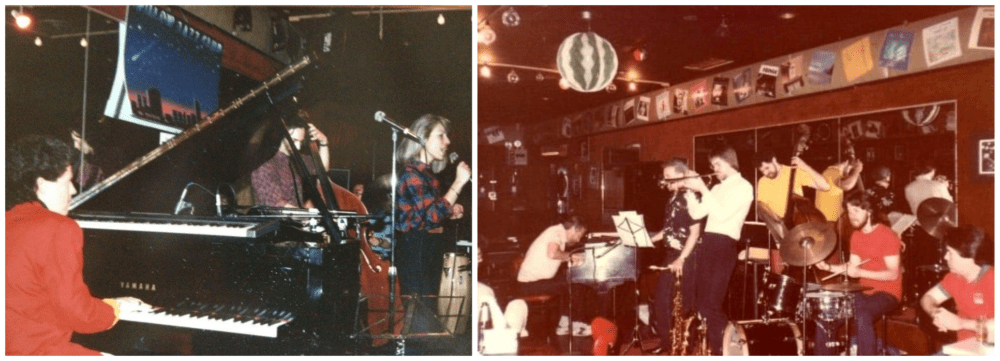 Left: Claire Ritter on piano with singer Eleni Odoni. (Courtesy Claire Ritter). Right: Drummer Marcello Pellitteri with trumpeter Tom Harrell, pianist Bob Dogan and saxophonist Gordon Brisker at the Willow Jazz Club in 1985. (Courtesy Marcello Pellitteri)