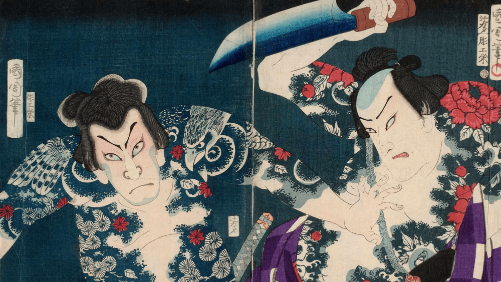 Toyohara Kunichika, "Actors Ichimura Kakitsu IV as Asahina Tōbei" (right) and "Nakamura Shikan IV as Washi no Chōkichi" (left), 1868. (Courtesy William Sturgis Bigelow Collection/Museum of Fine Arts, Boston)