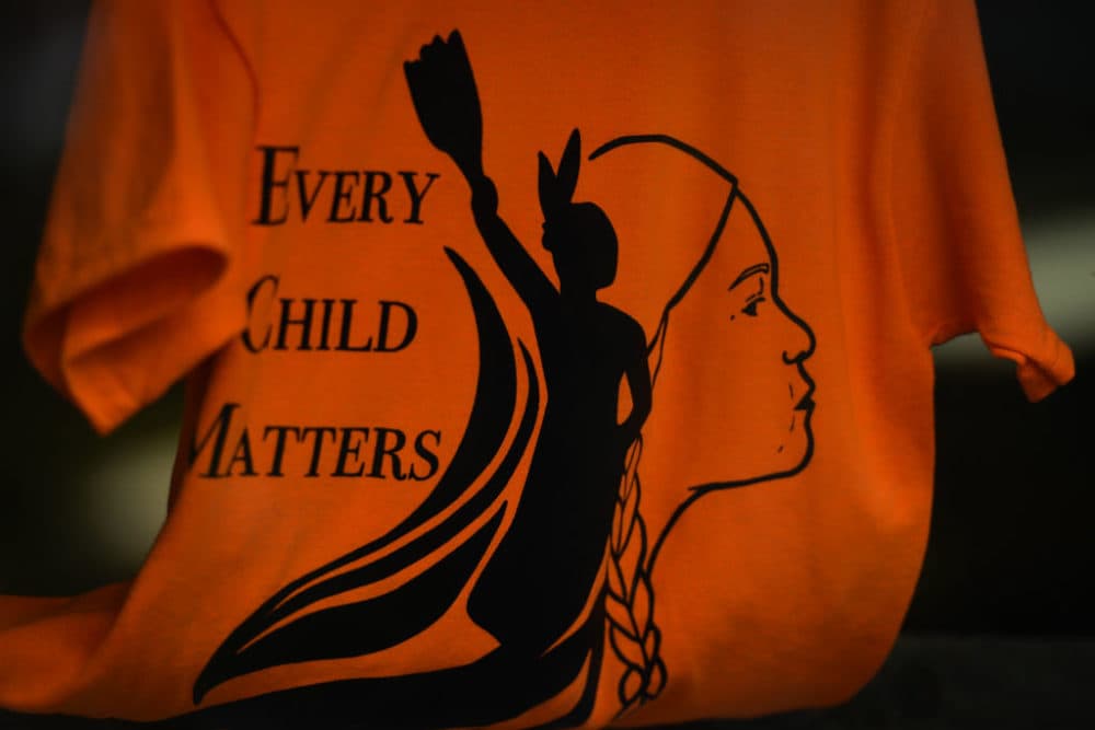A t-shirt that reads "Every Child Matters" seen in the shop window in Edmonton, Alberta. The National Day for Truth and Reconciliation, also known as Orange Shirt Day, is an Indigenous grassroots day to recognize and remember the children who survived — and those who did not survive — residential schools in Canada. (Creative Touch Imaging Ltd./NurPhoto via Getty Images)