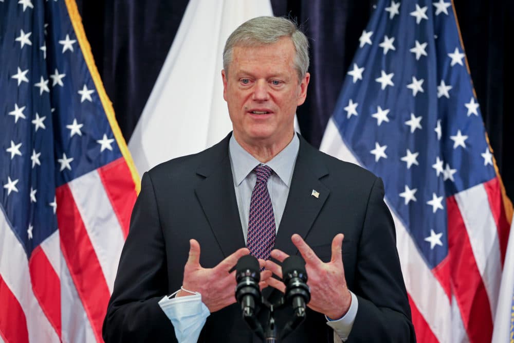 Mass. Gov. Charlie Baker speaks on the daily COVID numbers in Mass. at the State House on December 21, 2021. (Stuart Cahill/MediaNews Group/Boston Herald via Getty)