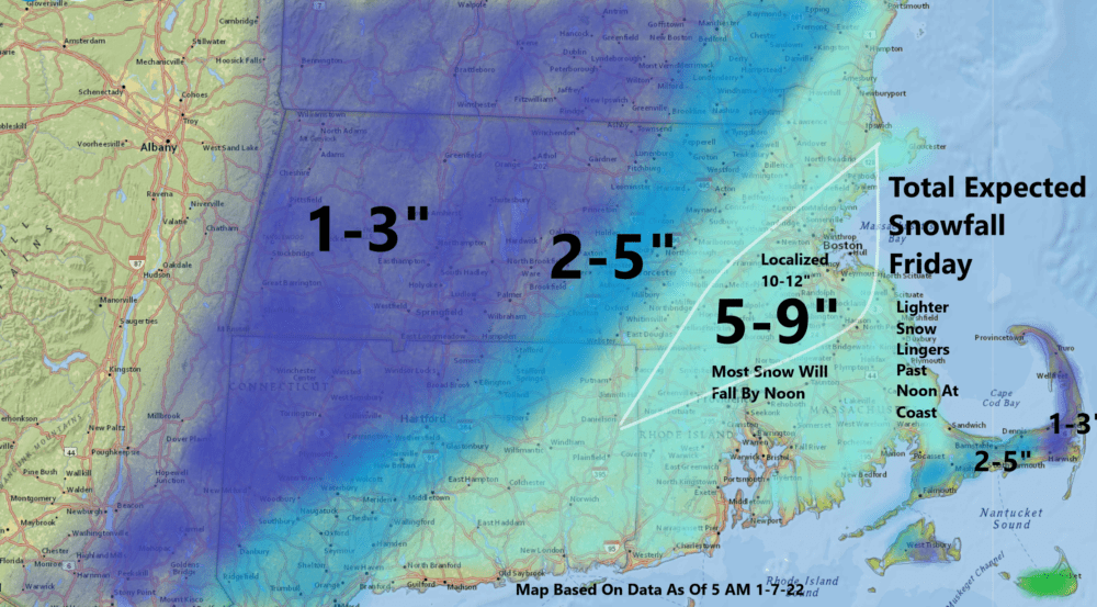 1st Snowstorm Closes Schools And Slows Travel, With Up To 10 Inches Possible Around Boston 2 Snowfall predictions for Friday. (David Epstein for WBUR)