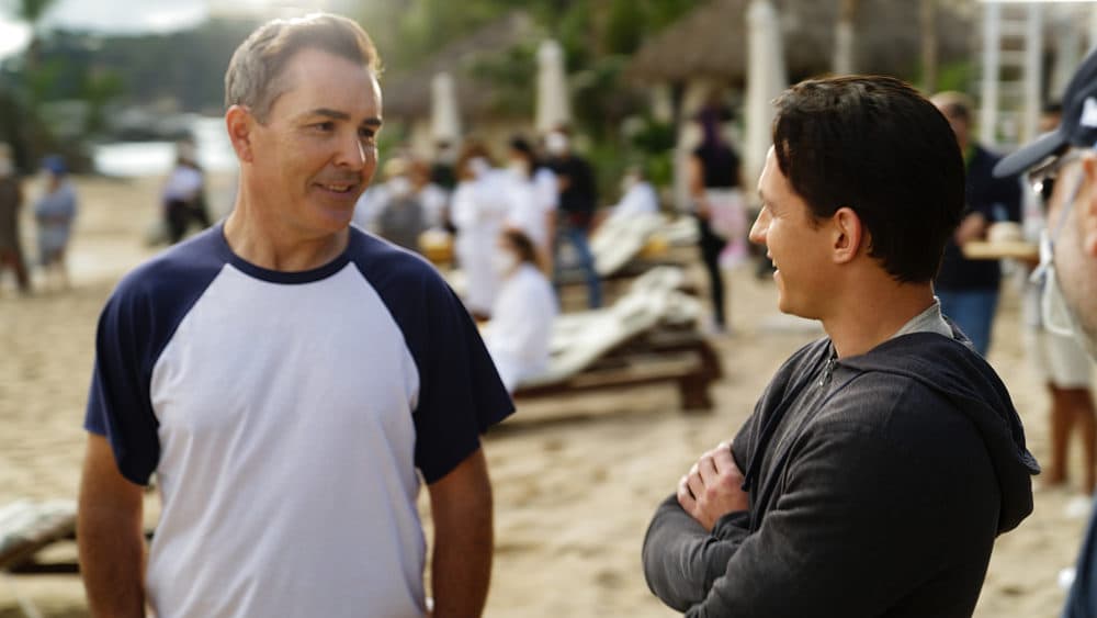 Nolan North (left) and Tom Holland on the set of "Uncharted." (Sony Pictures)