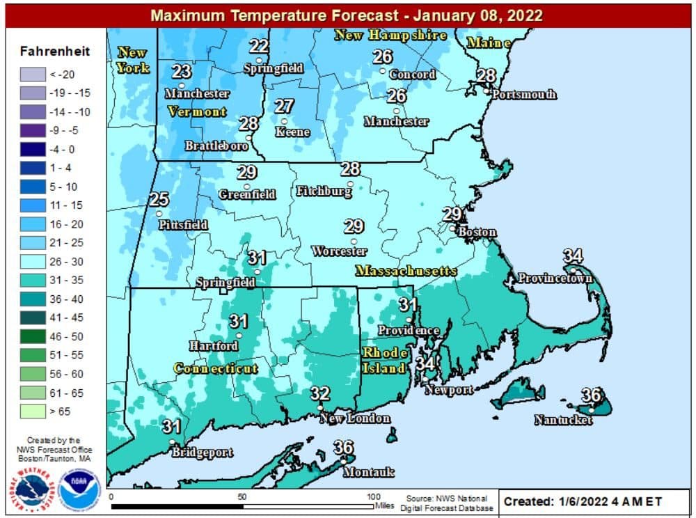 1st Snowstorm Closes Schools And Slows Travel, With Up To 10 Inches Possible Around Boston 6 Highs on Saturday will stay mostly in the upper 20s with fresh snow cover. (Courtesy NOAA)