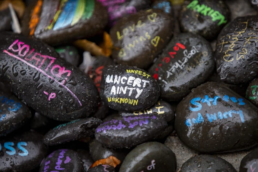 Tufts Medical Center staff and patients capture the pandemic in phrases painted on rocks in January 2022. (Jesse Costa/WBUR)