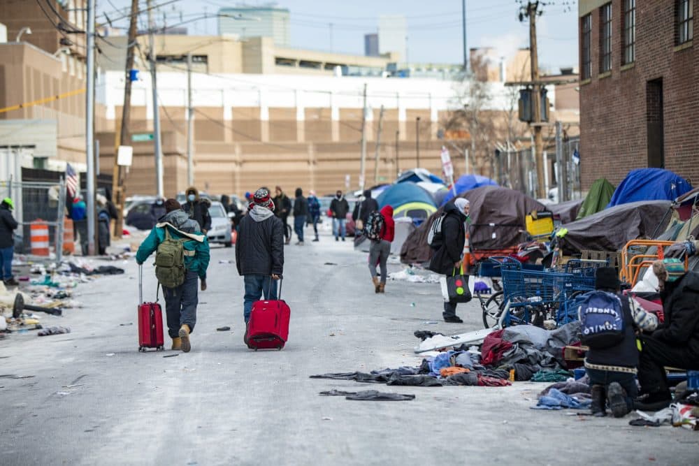 A file photo of the now-removed tent encampment on Atkinson Street in the area known as &quot;Mass. and Cass.&quot; (Jesse Costa/WBUR)