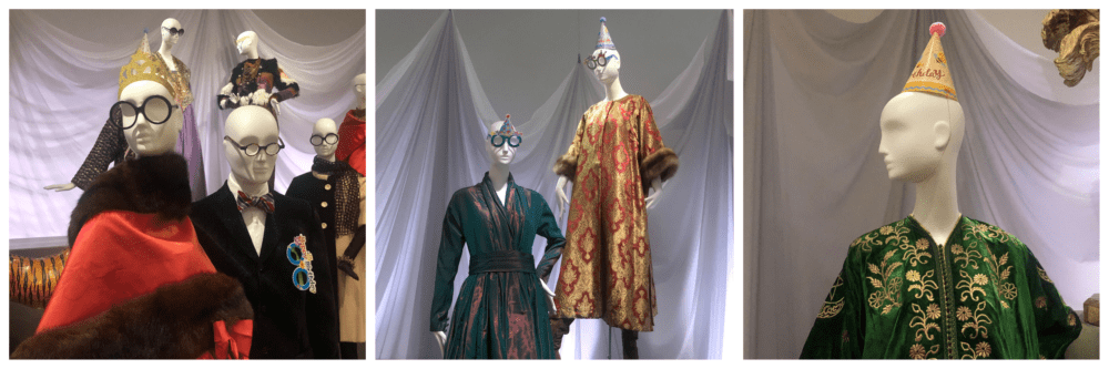 Views of Carl and Iris Barrel Apfel Gallery at the Peabody Essex Museum with mannequins in state of celebration for Apfel's 100th birthday in 2021. (Courtesy P. Slinkard)