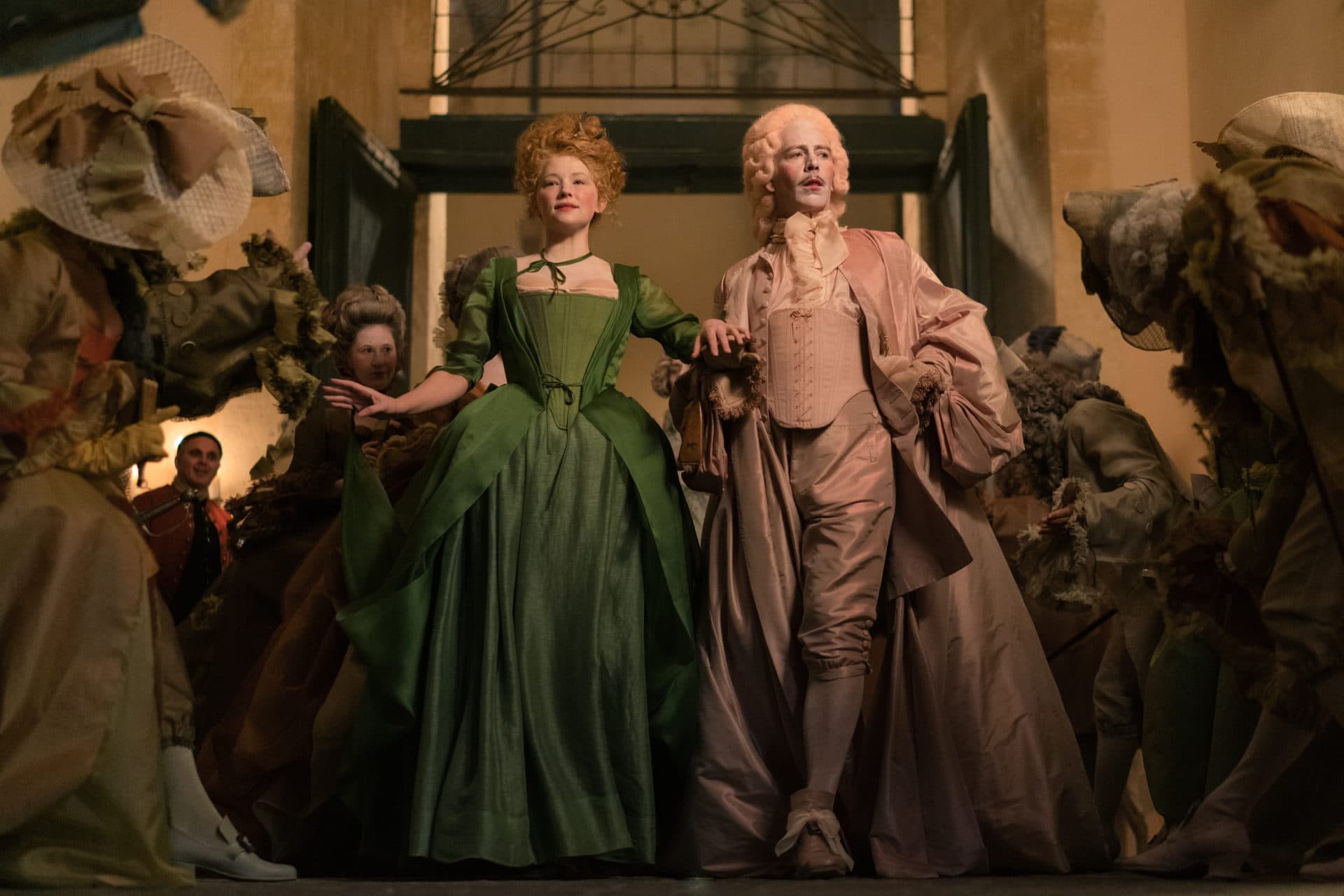 Haley Bennett as Roxanne and Ben Mendelsohn as De Guiche in Joe Wright’s film "Cyrano." (Courtesy Peter Mountain/Metro Goldwyn Mayer Pictures)