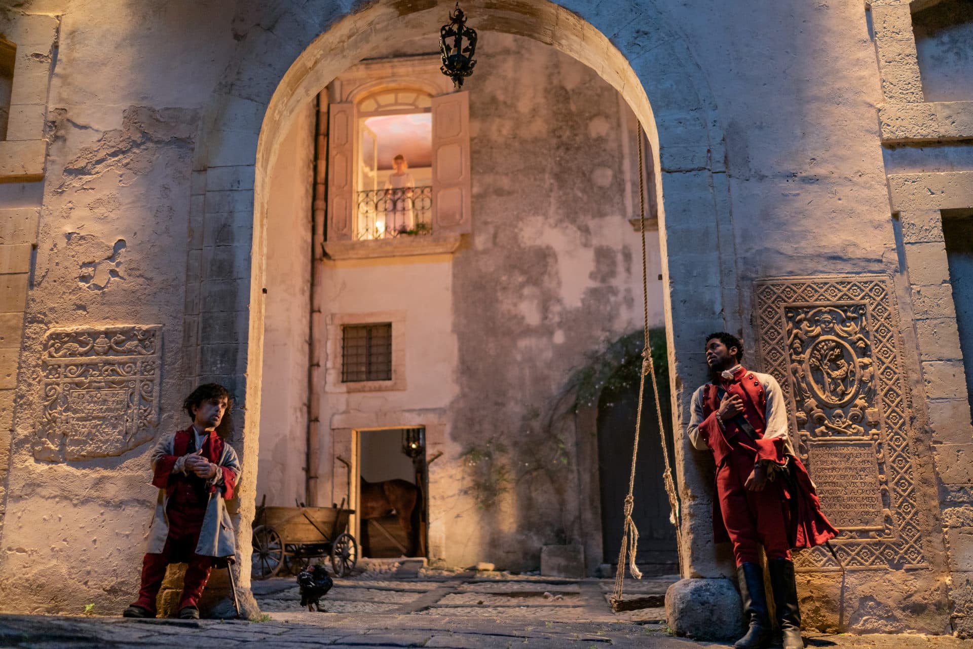 Peter Dinklage as Cyrano, Haley Bennett as Roxanne and Kelvin Harrison Jr. as Christian in director Joe Wright’s film "Cyrano." (Courtesy Peter Mountain/Metro Goldwyn Mayer Pictures)