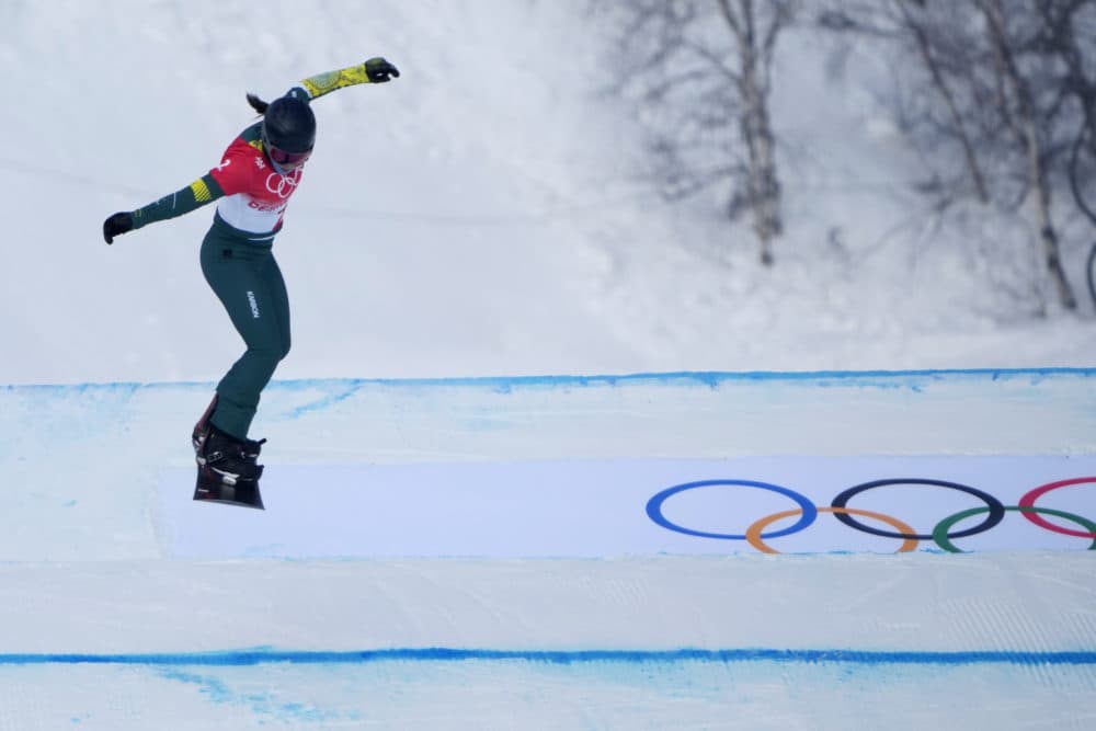 Australia's Belle Brockhoff competes during the women's snowboard cross qualification round at the 2022 Winter Olympics, on Feb. 9, 2022, in Zhangjiakou, China. (Aaron Favila/AP)