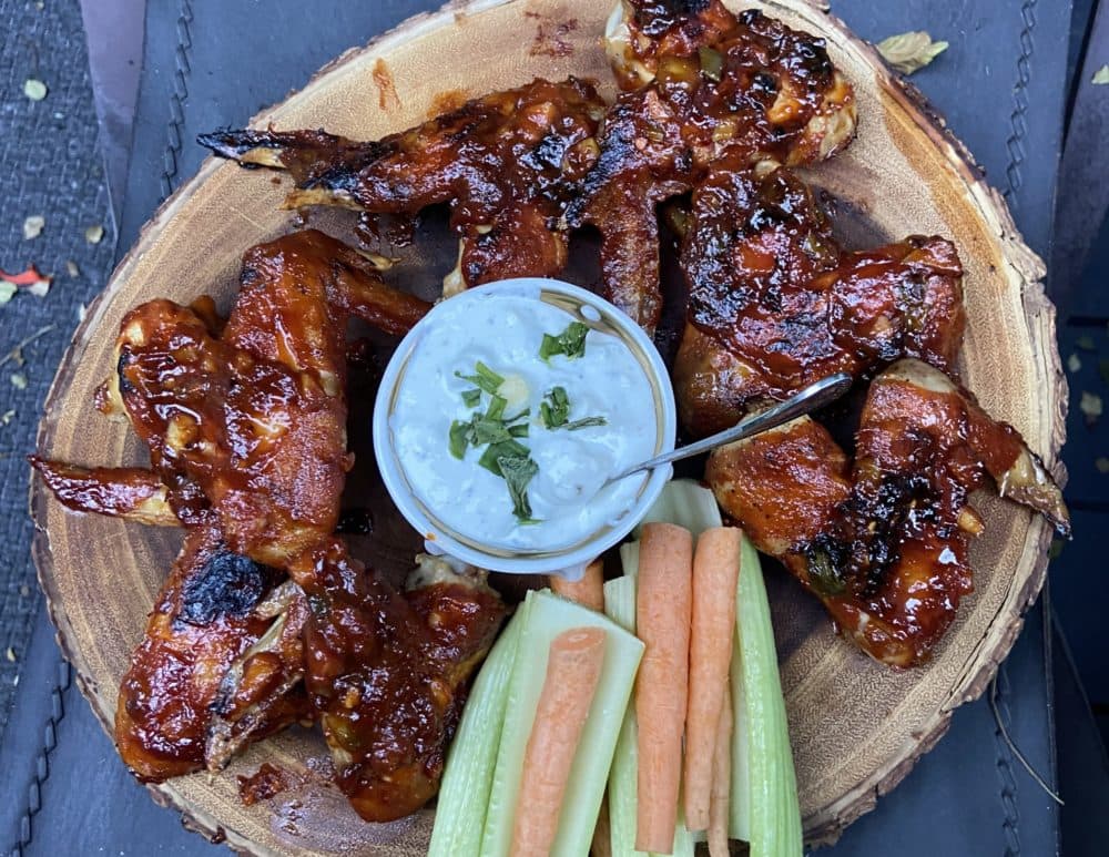 Sweet and spicy wings with blue cheese dipping sauce. (Kathy Gunst)