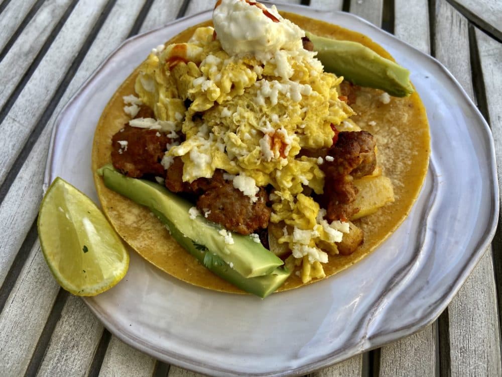 Breakfast tacos with chorizo hash and avocado (Kathy Gunst)
