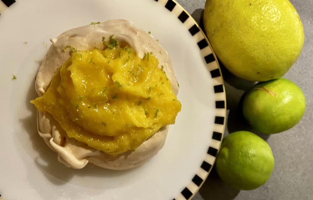 Lime curd on a meringue cookie. (Kathy Gunst/Here & Now)